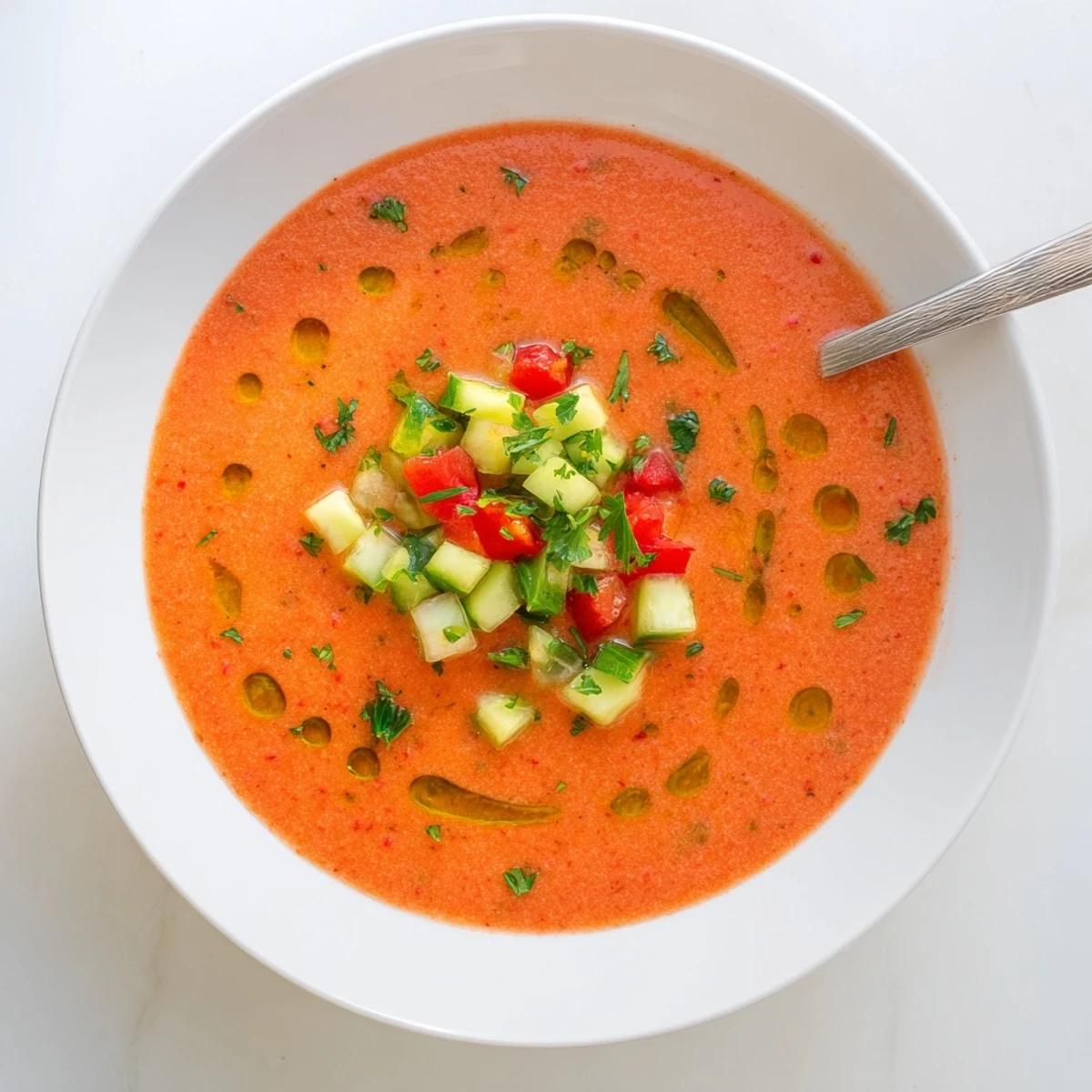 Refreshing bowl of chilled tomato gazpacho with colorful diced vegetable garnish and drizzled oil