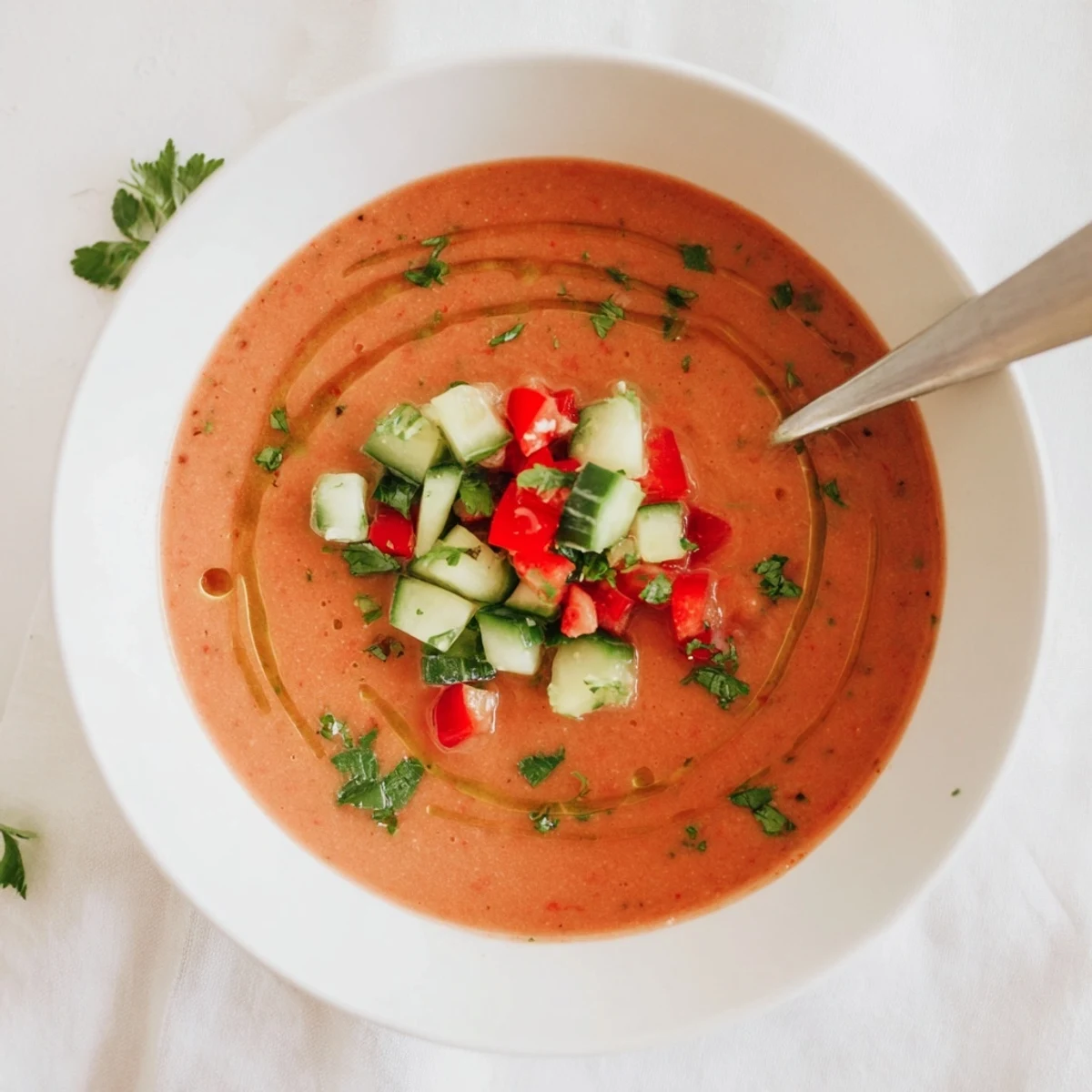 Creamy Spanish tomato gazpacho served in white bowls topped with fresh cucumber and peppers