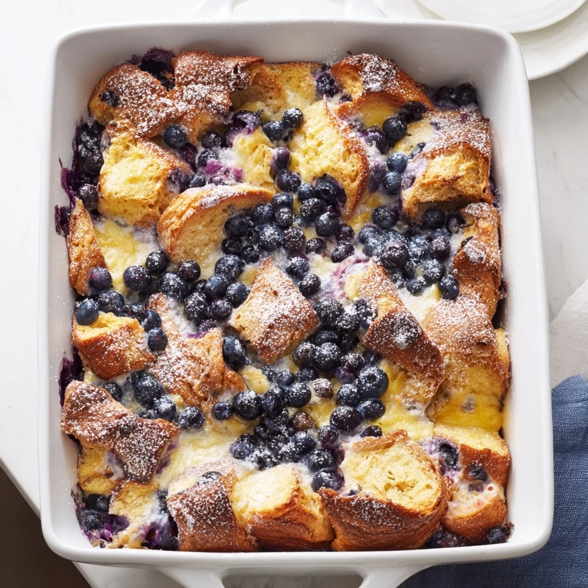 Golden blueberry cream cheese croissant casserole fresh from the oven with dusted powdered sugar topping