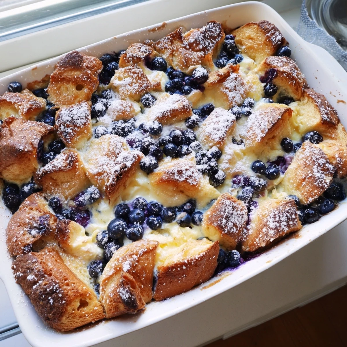 Buttery croissant pieces layered with sweet cream cheese swirls and juicy blueberries in a breakfast baking dish