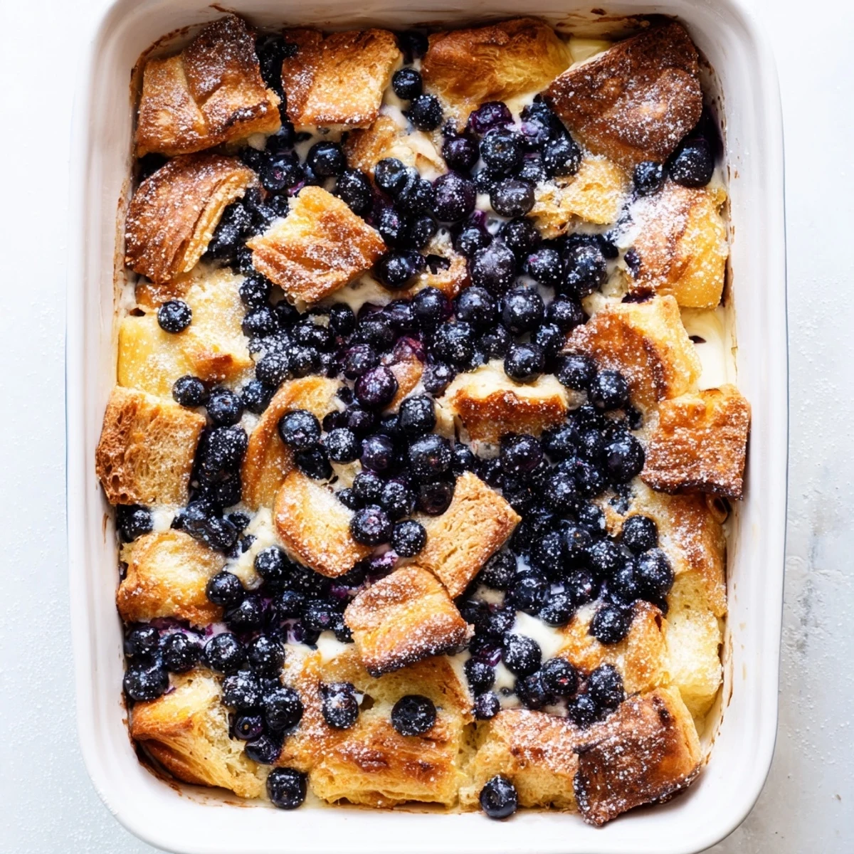 Slices of warm blueberry cream cheese croissant casserole served on a white plate with maple syrup drizzle