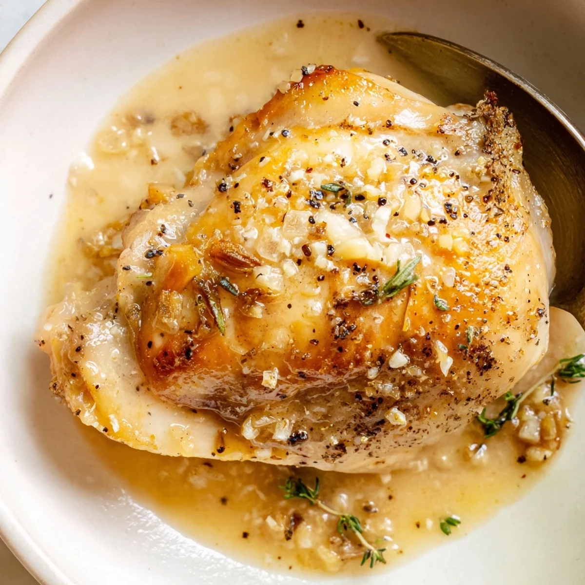 Creamy Garlic Chicken Thighs With Herbs sizzling in skillet, golden skin, herb sauce