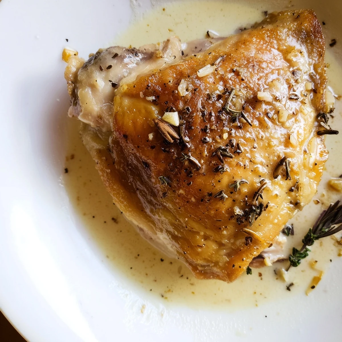 Plate of Creamy Garlic Chicken Thighs With Herbs over mashed potatoes, steam rising