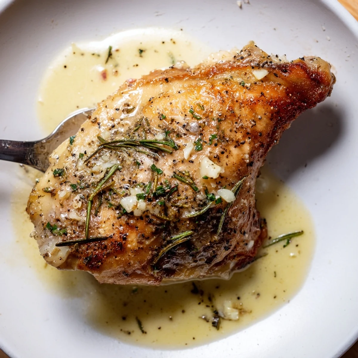 Skillet-braised Creamy Garlic Chicken Thighs With Herbs spooned with thick, fragrant cream