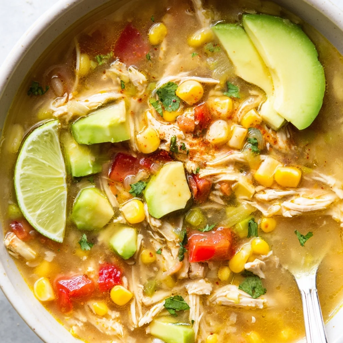 Bold Zesty Chicken Lime Soup steaming in bowl with cilantro and lime
