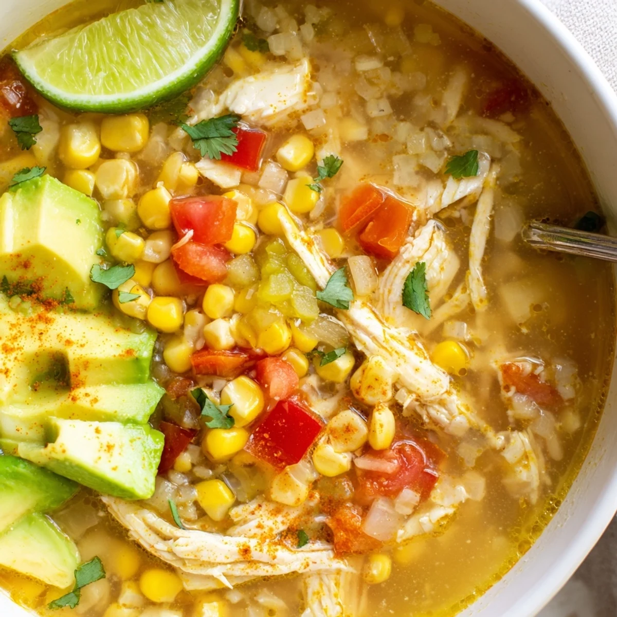 Bowl of Bold Zesty Chicken Lime Soup topped with avocado, lime wedge