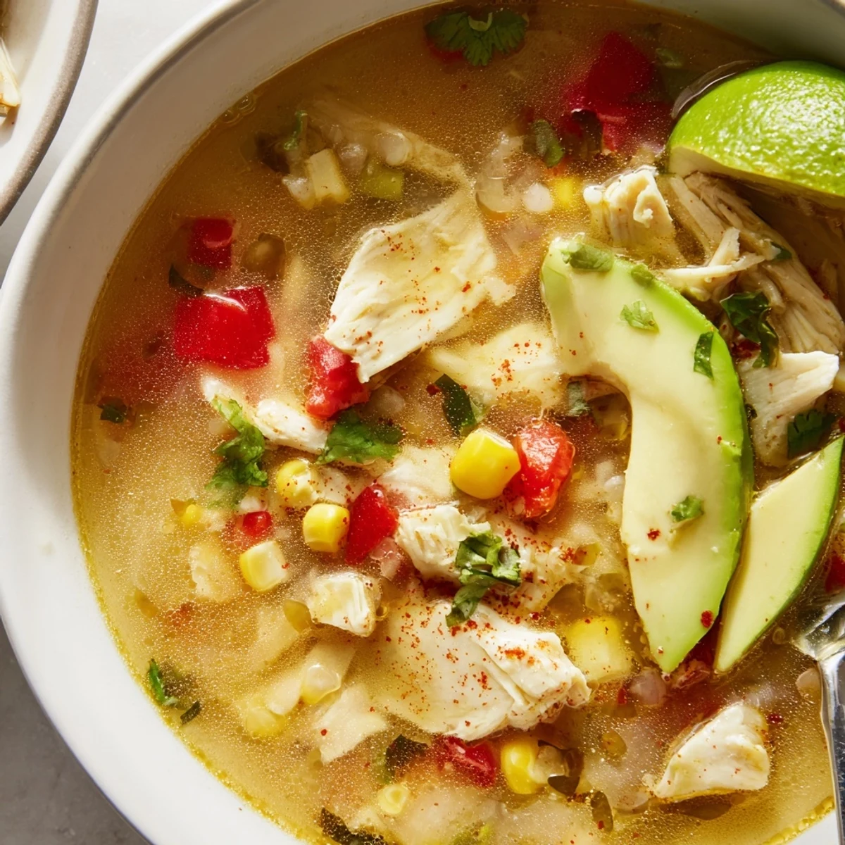 Homestyle Bold Zesty Chicken Lime Soup Recipe simmering with corn, smoky aroma