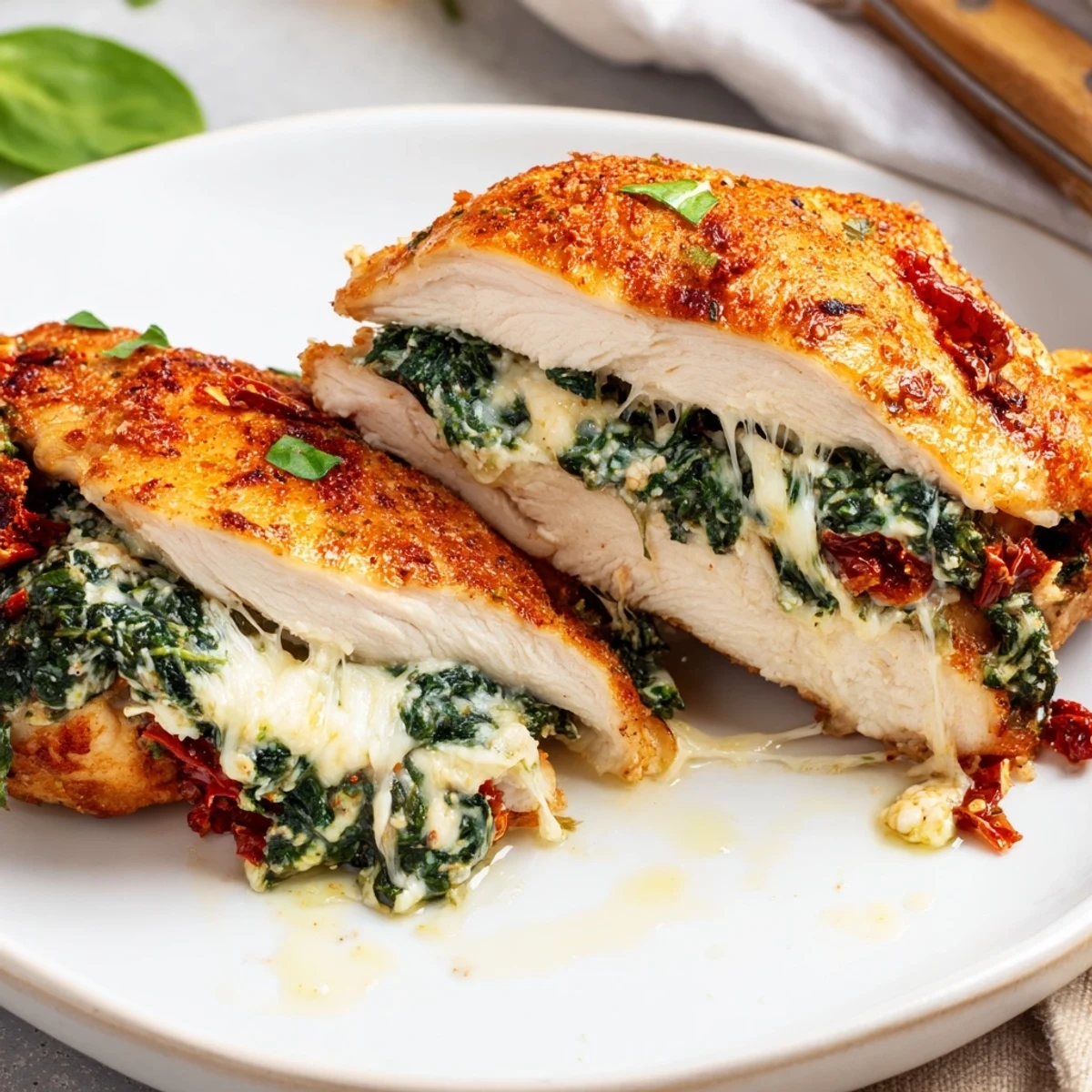 Cheesy Spinach Stuffed Chicken Sun Dried Tomato Flavor golden-seared, oozing mozzarella and basil
