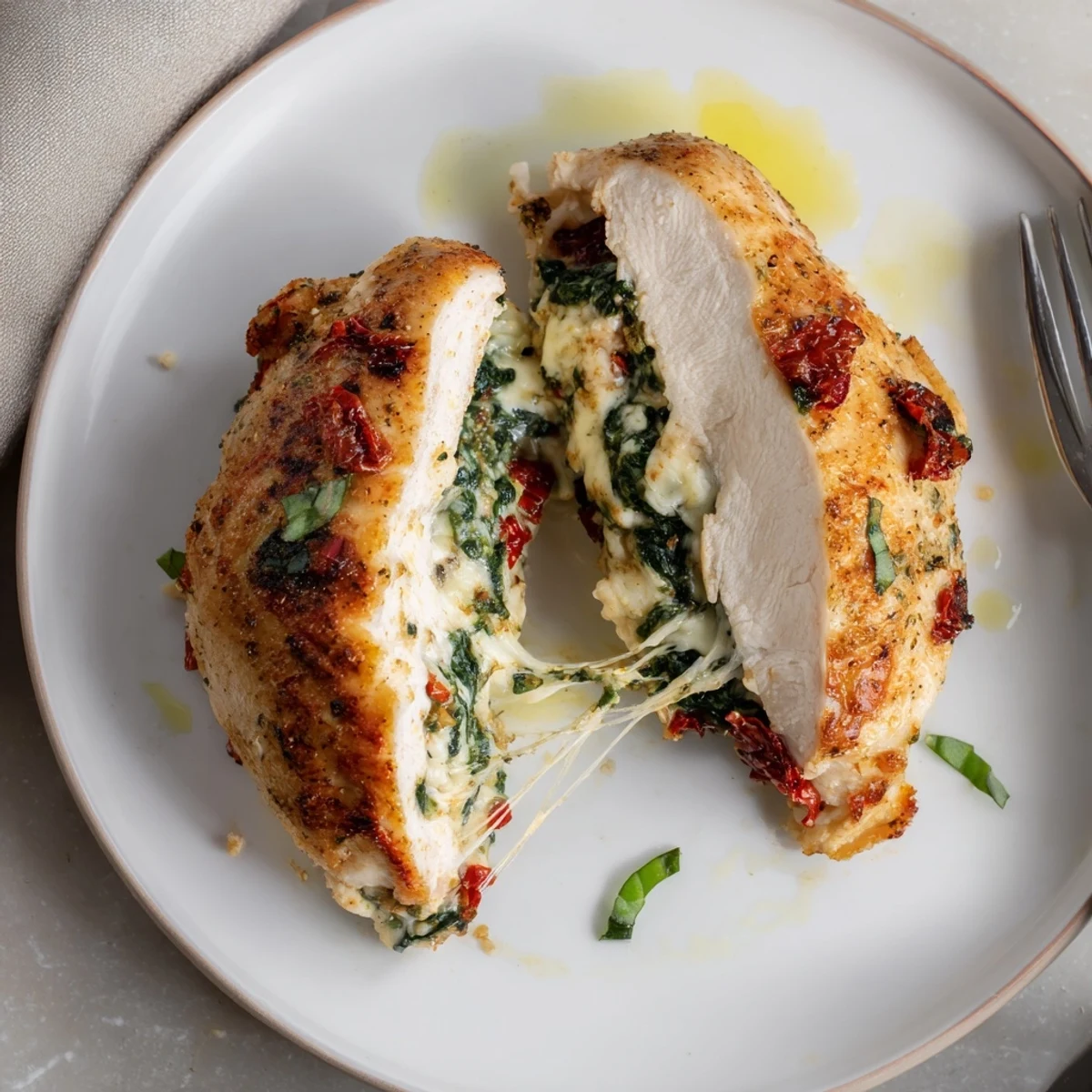 Skillet-seared Cheesy Spinach Stuffed Chicken Sun Dried Tomato Flavor, sliced to reveal filling