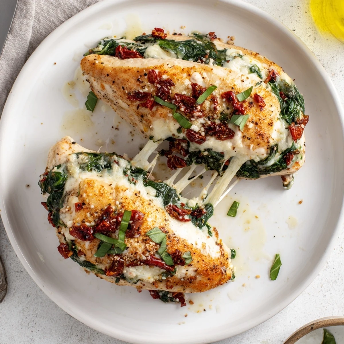 Warm herb-garnished plate featuring Cheesy Spinach Stuffed Chicken Sun Dried Tomato Flavor with parsley