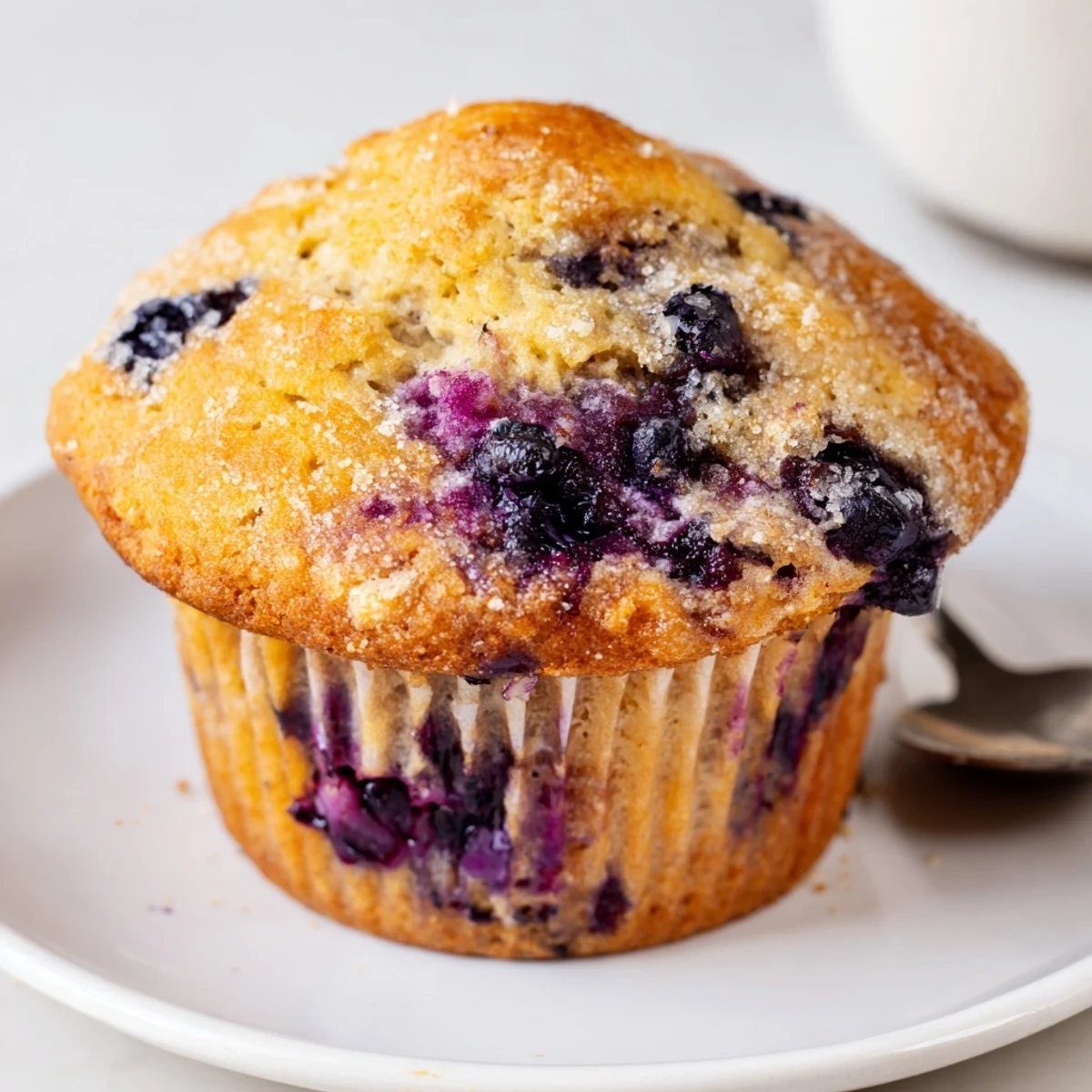 Warm Blueberry Banana Muffins bursting with juicy berries, banana aroma, served with coffee.