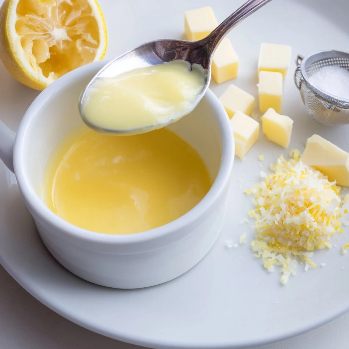 Jar of Homemade Lemon Curd cooling after double-boiler, glossy, zesty spread.