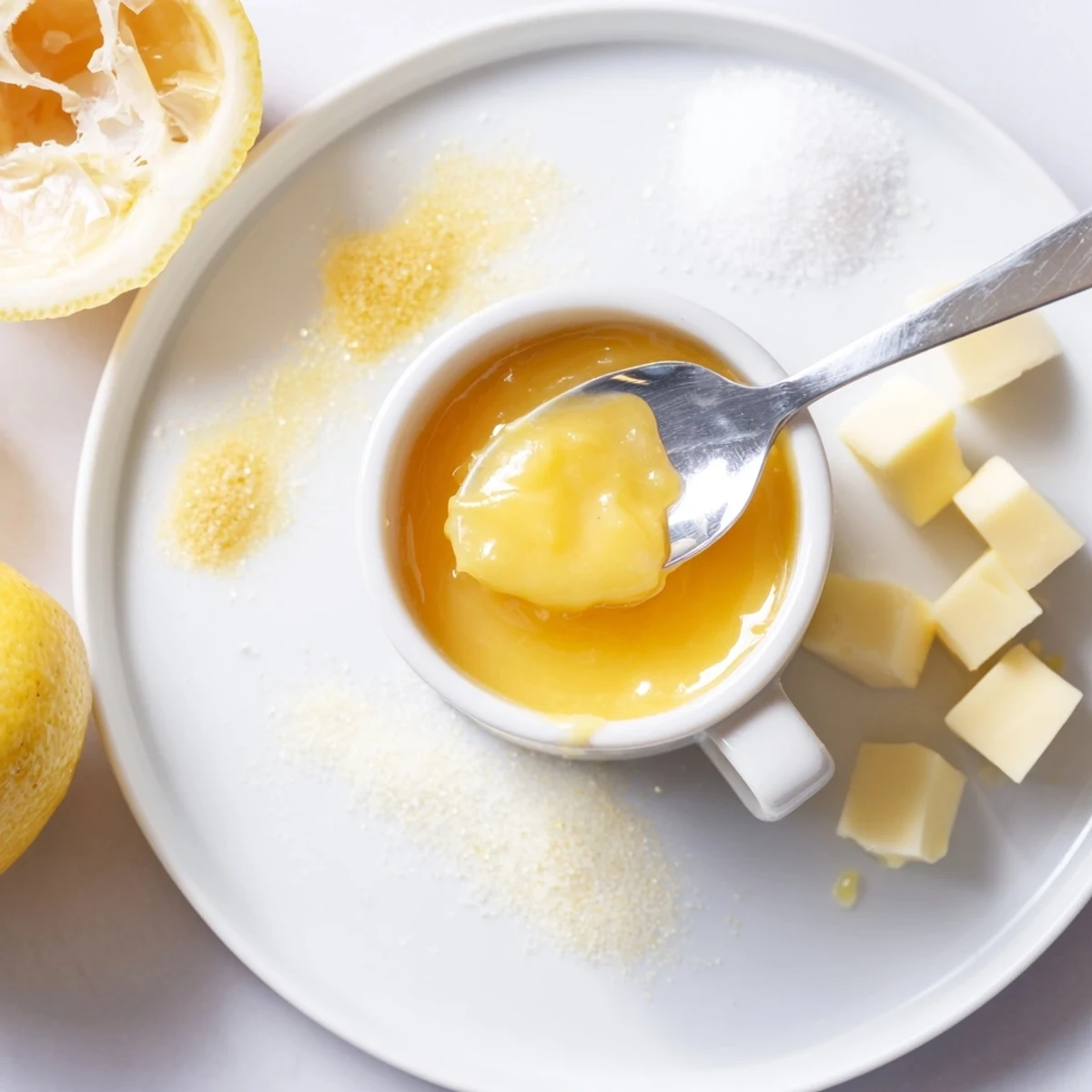 Bright Homemade Lemon Curd spoon on shortbread, tangy aroma, smooth, creamy.