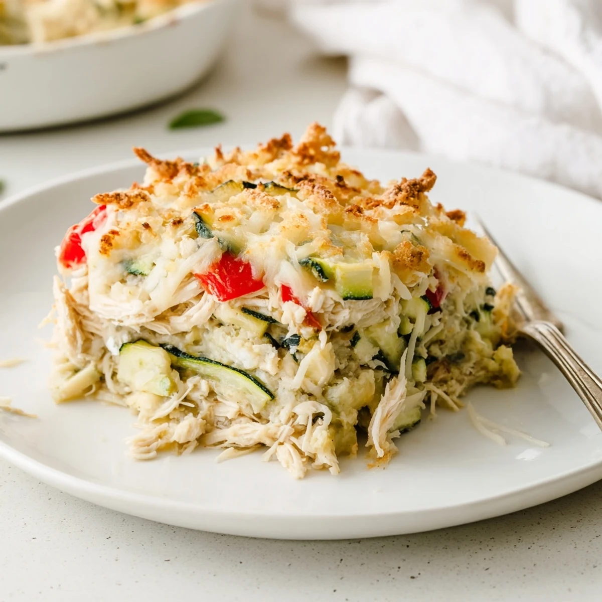 Warm Family Friendly Chicken Zucchini Bake with golden bubbly cheese and zucchini slices