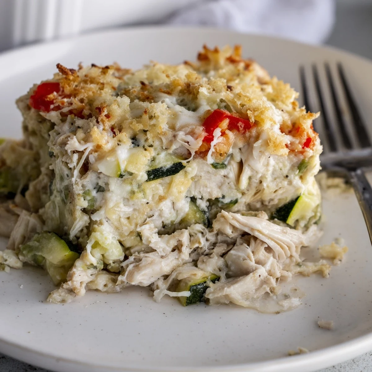 Family Friendly Chicken Zucchini Bake, fresh from oven with crispy breadcrumb topping