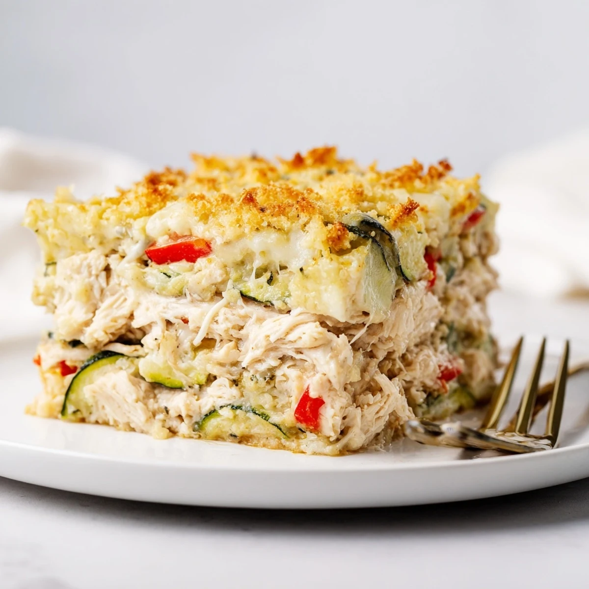 Creamy Family Friendly Chicken Zucchini Bake garnished with herbs, perfect with steamed rice