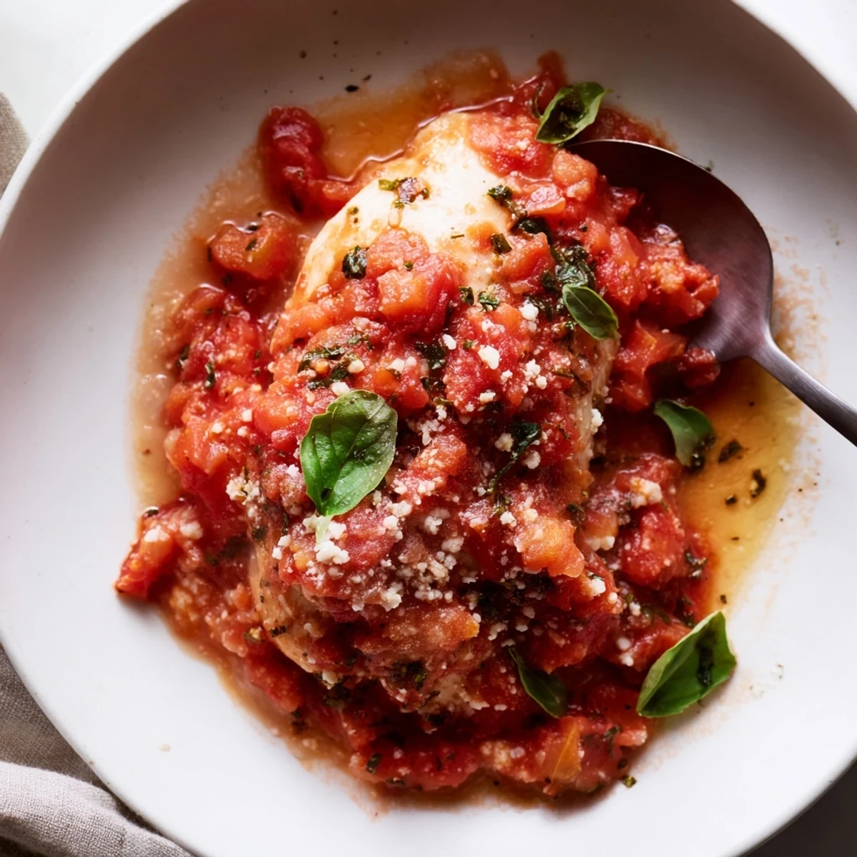 Slow Cooker Tomato Basil Chicken Breasts simmering in rich sauce, garnished with basil