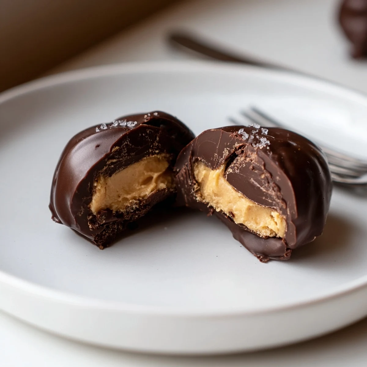 Frozen Peanut Butter Greek Yogurt Bites Dipped In Dark Chocolate With Sea Salt, snackable