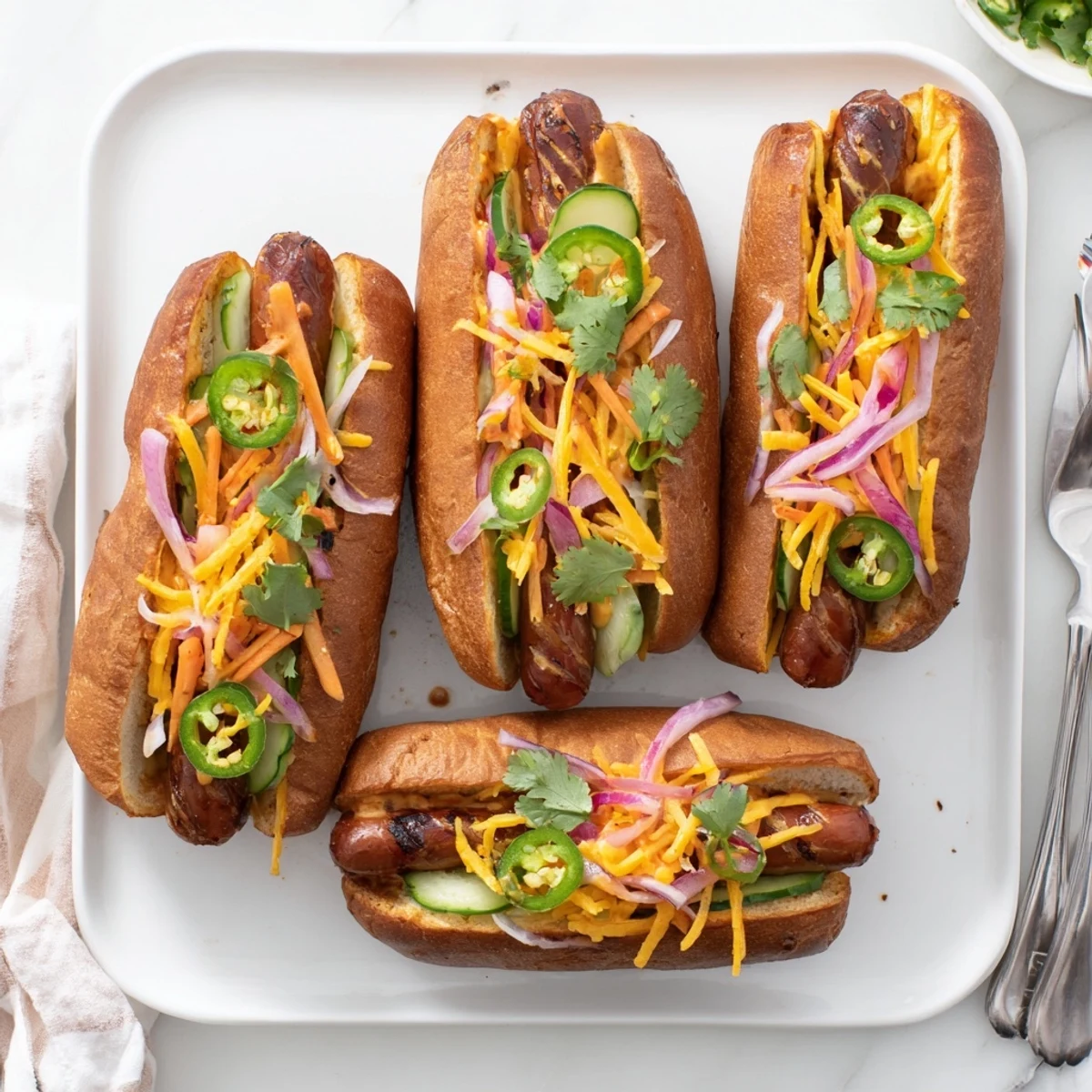 Spicy Firecracker Hot Dogs grilled to perfection with melted cheddar and colorful vegetable toppings