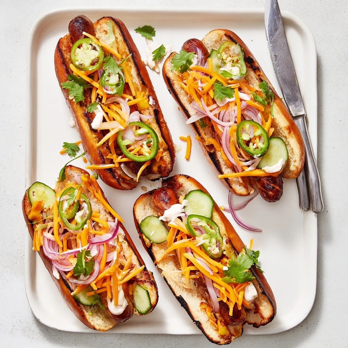 Firecracker Hot Dogs served on toasted buns with fresh cilantro and zesty jalapeño garnish