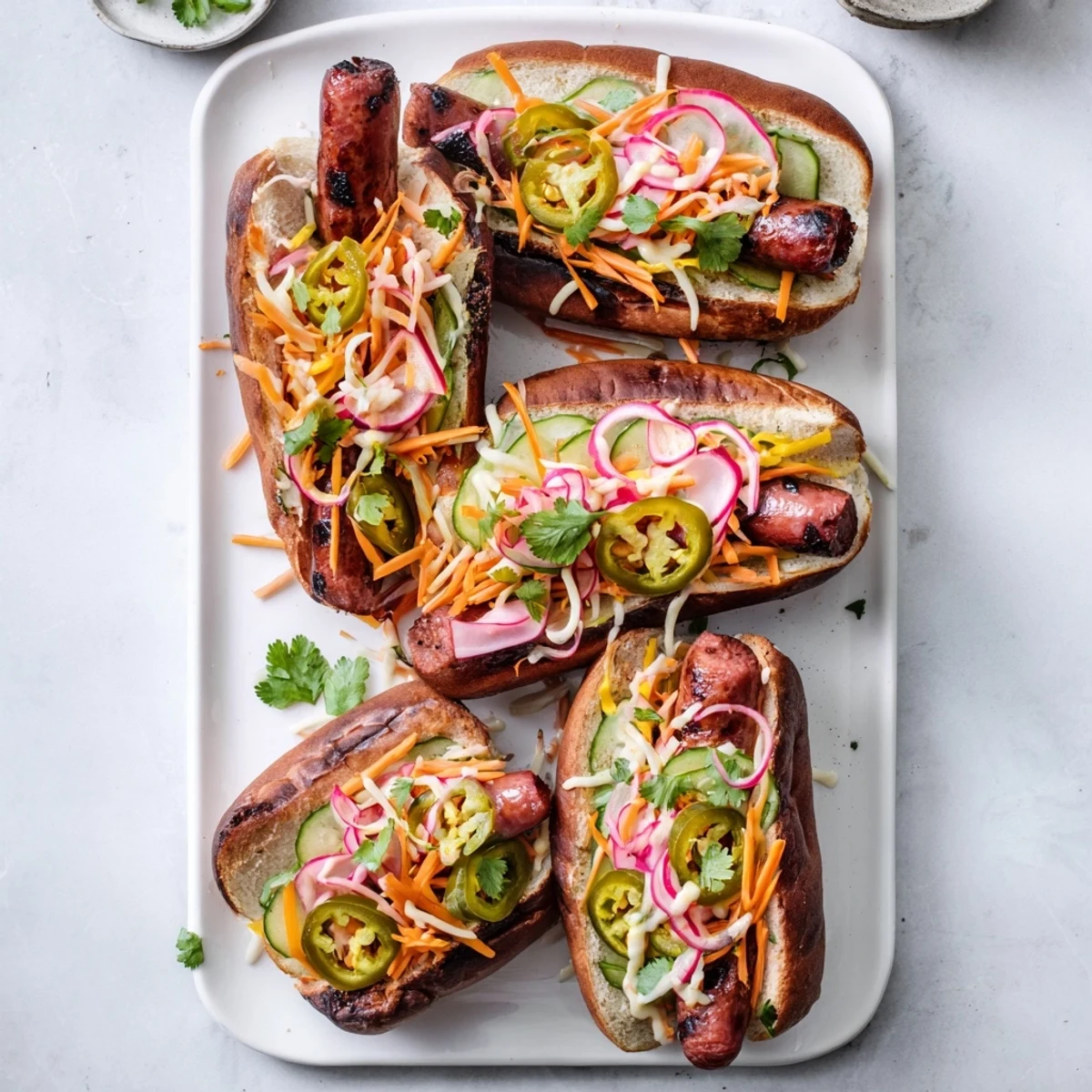 Grilled Spicy Firecracker Hot Dogs bursting with chili marinade and crunchy julienned vegetables