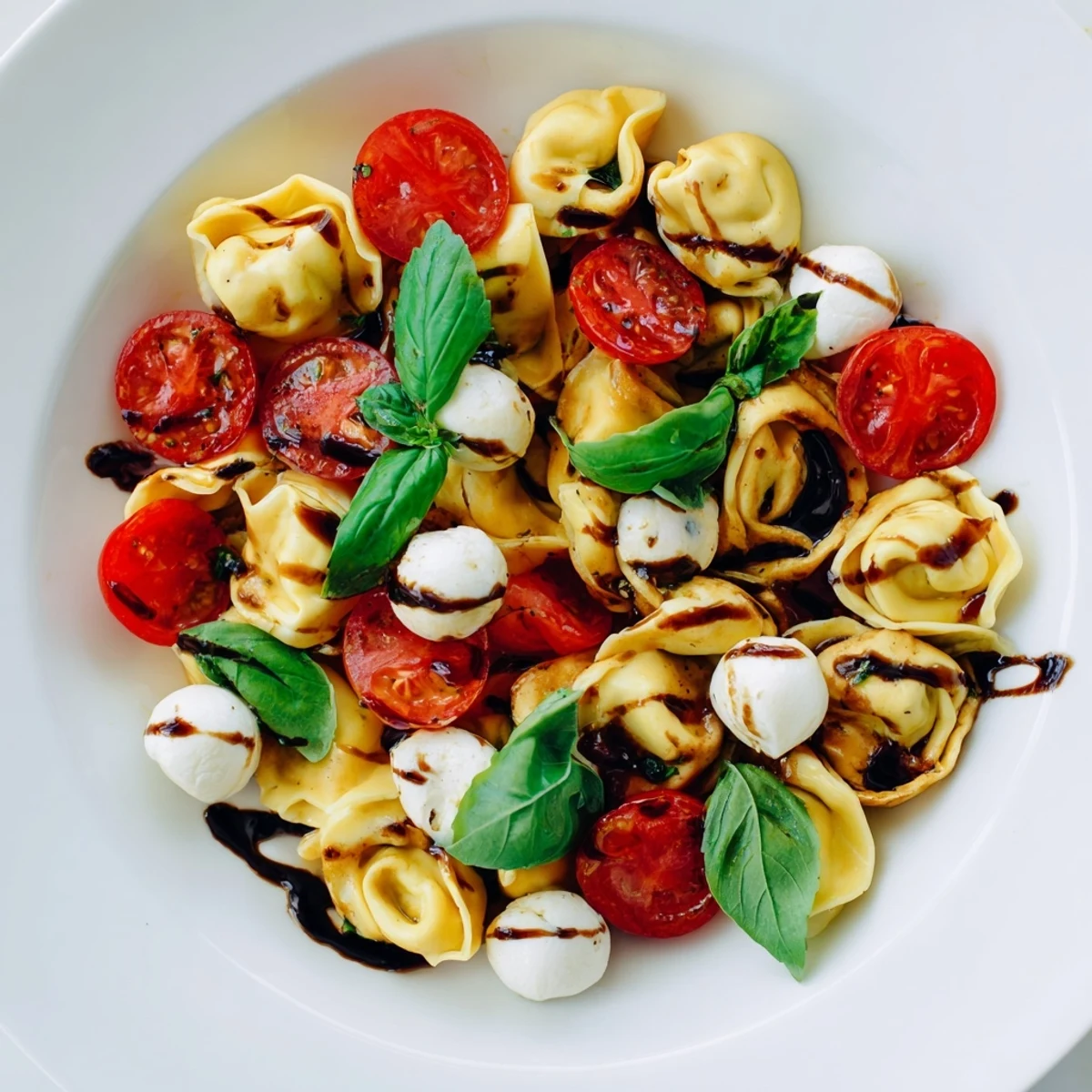Colorful Tortellini Caprese Salad with cheese tortellini, cherry tomatoes, fresh mozzarella, and basil drizzled with balsamic glaze