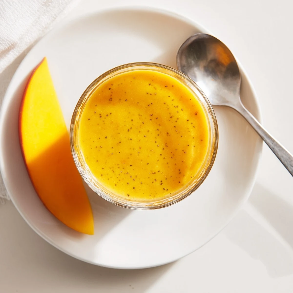Golden Tropical Sunrise Protein Smoothie garnished with fresh mango slices and chia seeds