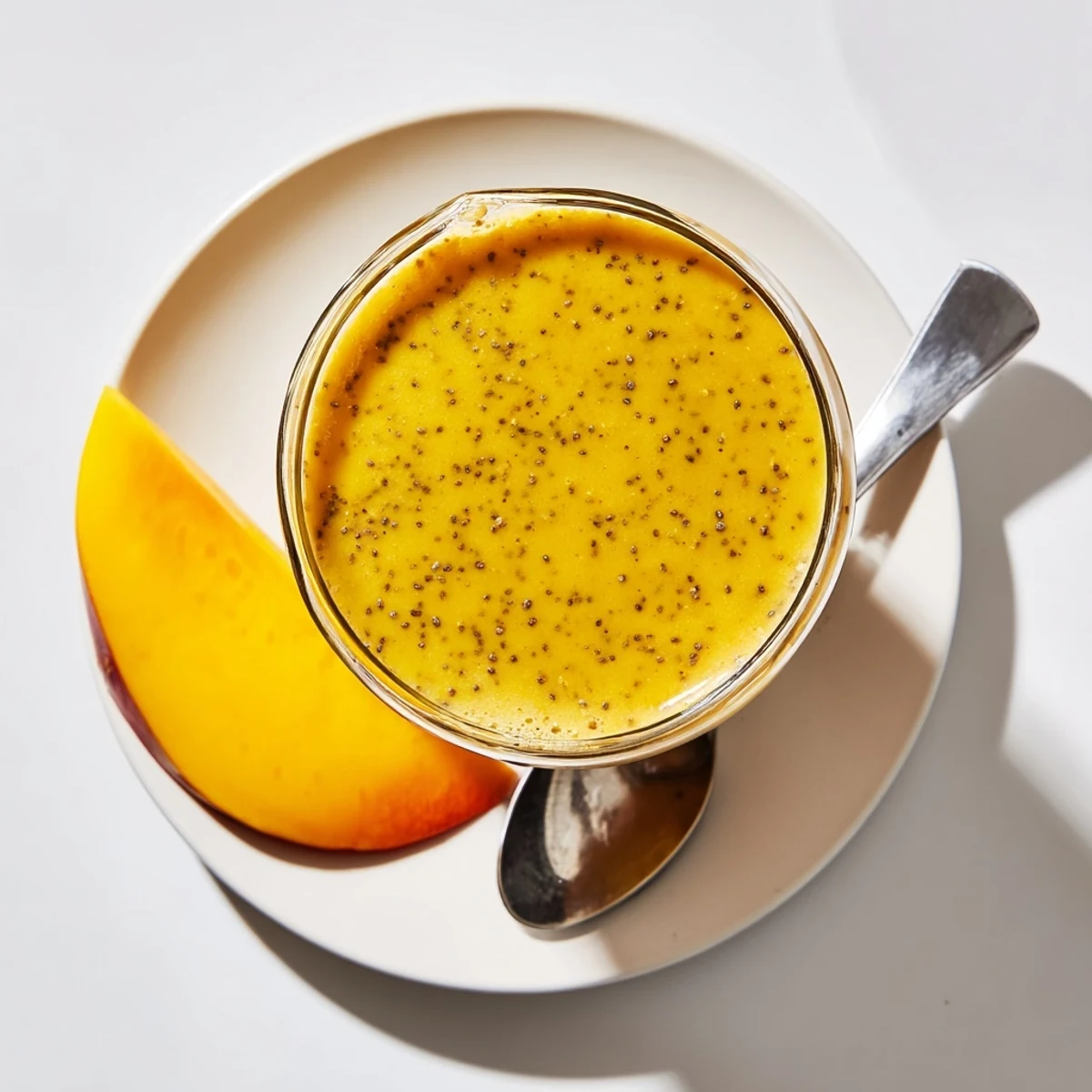 Vibrant layered smoothie glass showing mango, pineapple, and banana blend with protein powder
