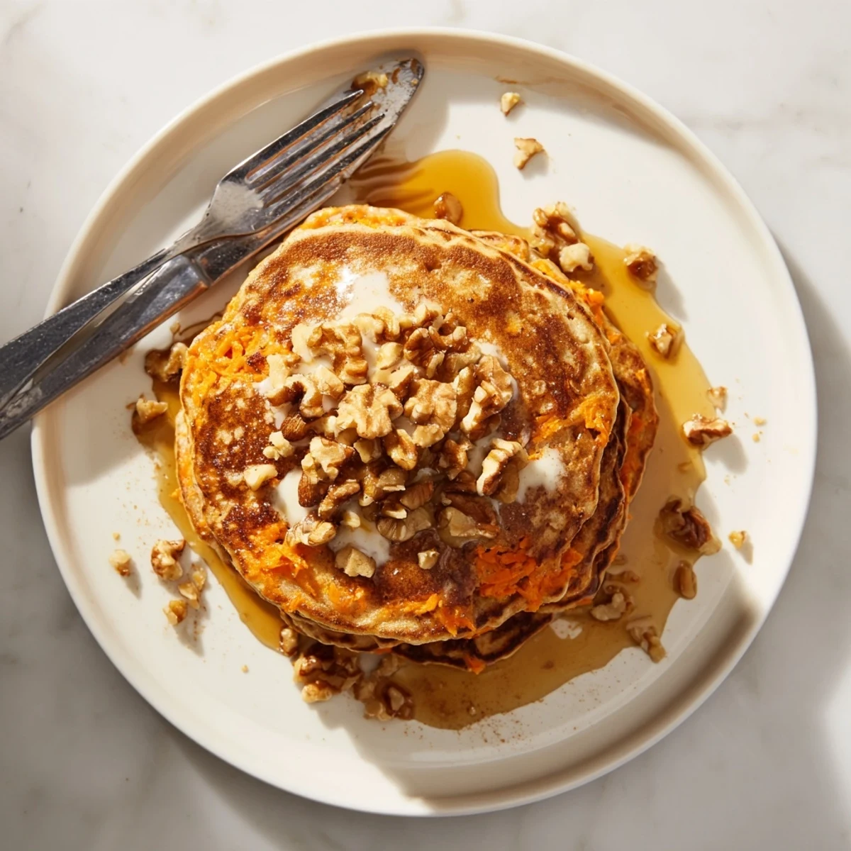 Stack of fluffy carrot cake pancakes topped with maple syrup and chopped walnuts