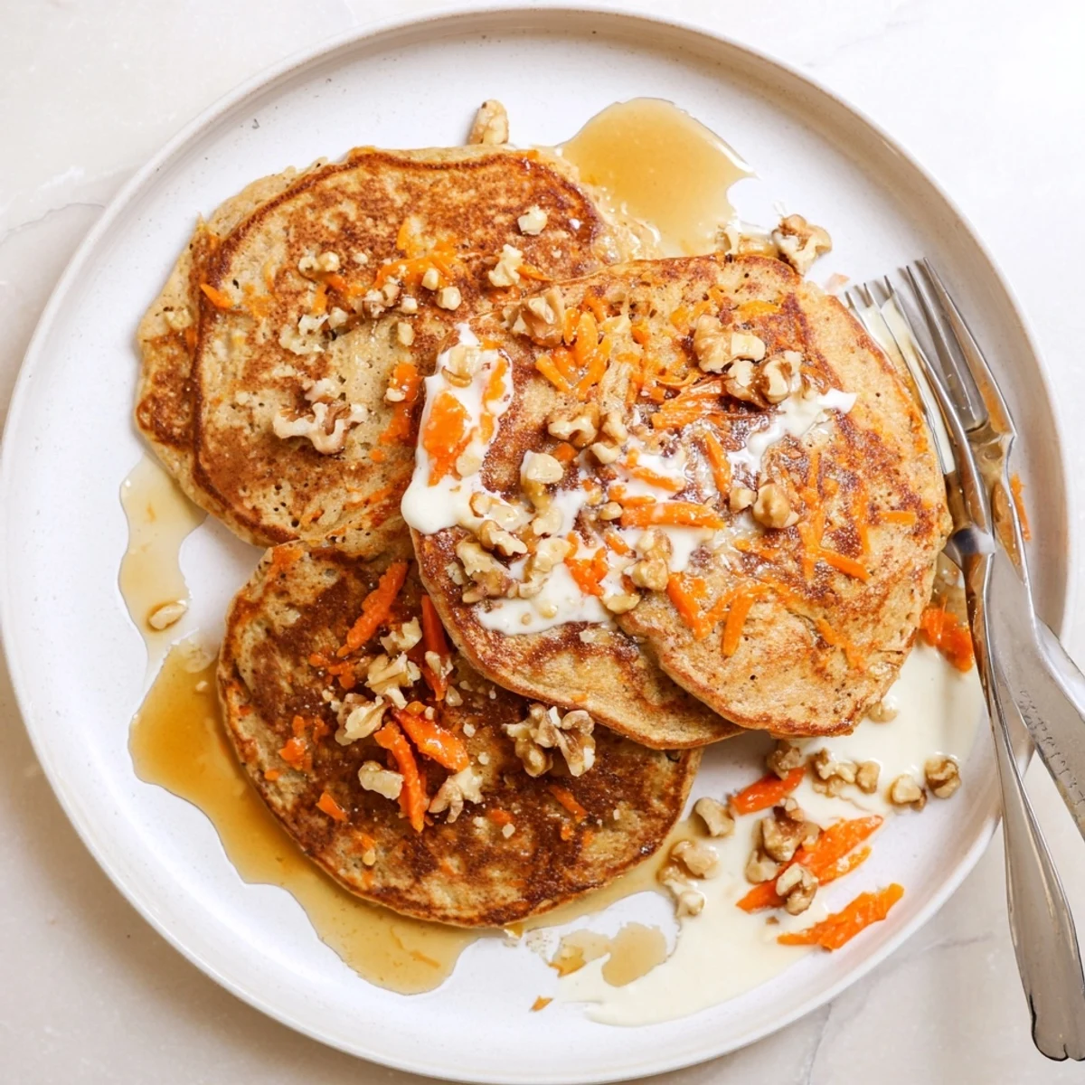 Warm carrot cake pancakes drizzled with cream cheese glaze and orange zest garnish