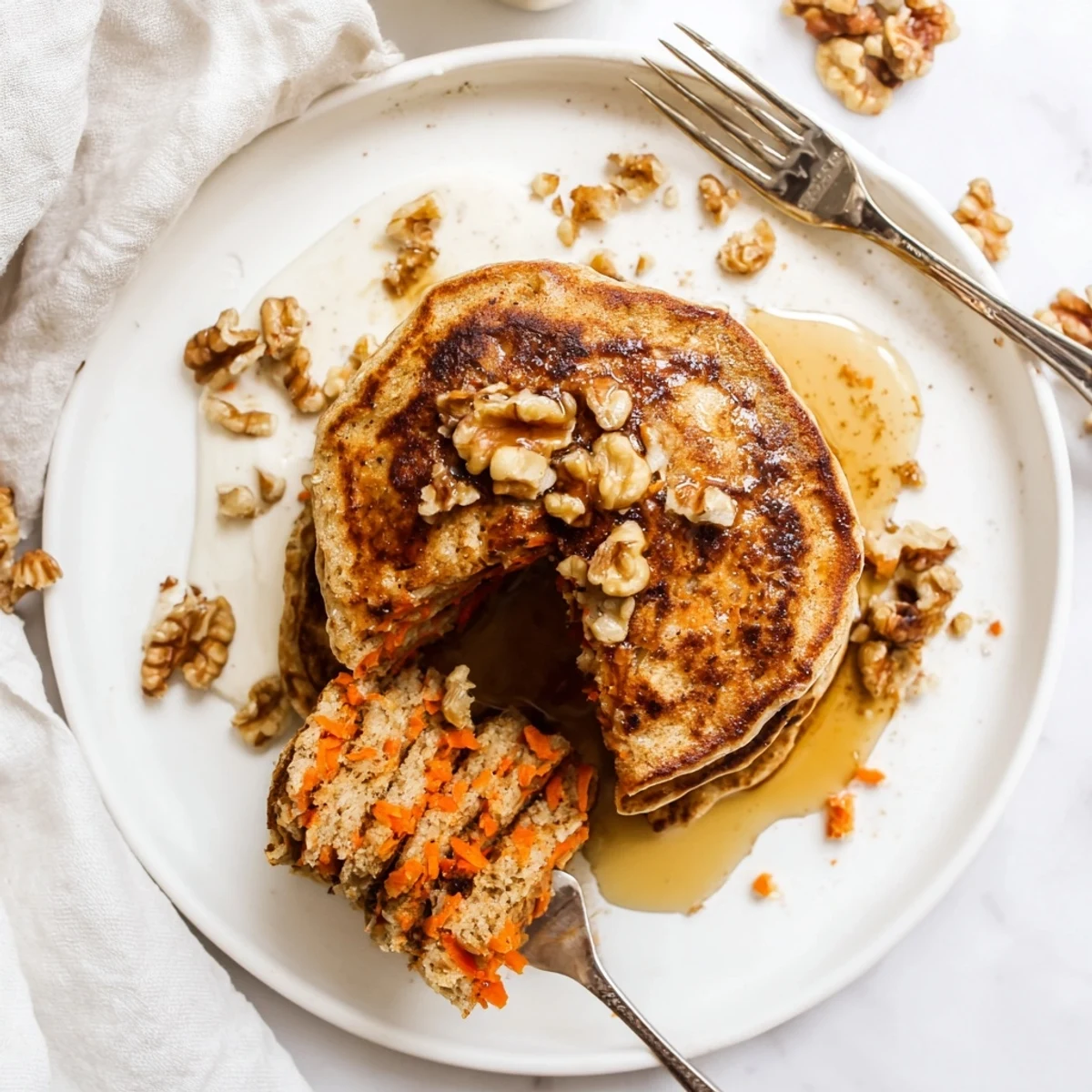 Golden brown spiced carrot cake pancakes with visible grated carrot pieces on plate