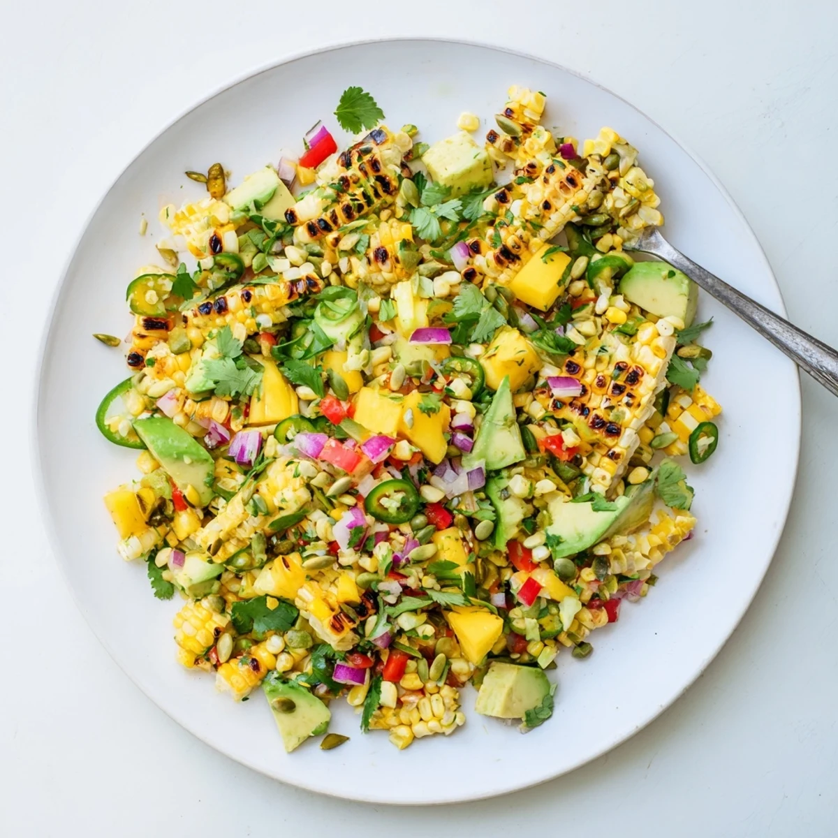 Vibrant tropical charred corn and avocado salad bowl with fresh mango, pineapple, and colorful vegetables drizzled with zesty lime dressing.