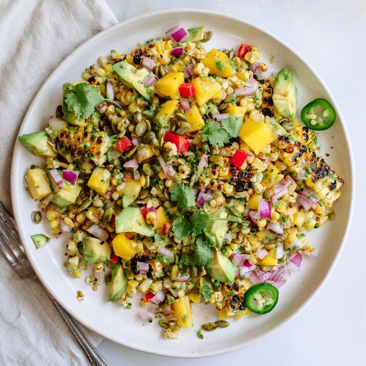 Colorful plate of tropical charred corn and avocado salad featuring sweet pineapple, mango, and crisp bell peppers in tangy lime vinaigrette.