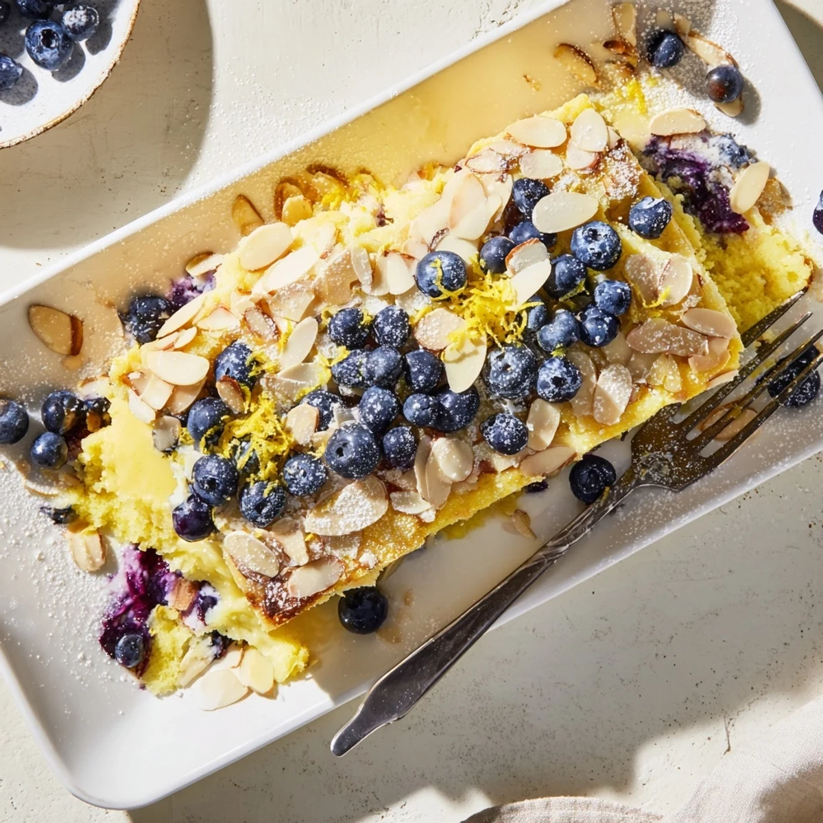 Golden lemon blueberry poke cake with toasted almond crunch and fresh berry garnish