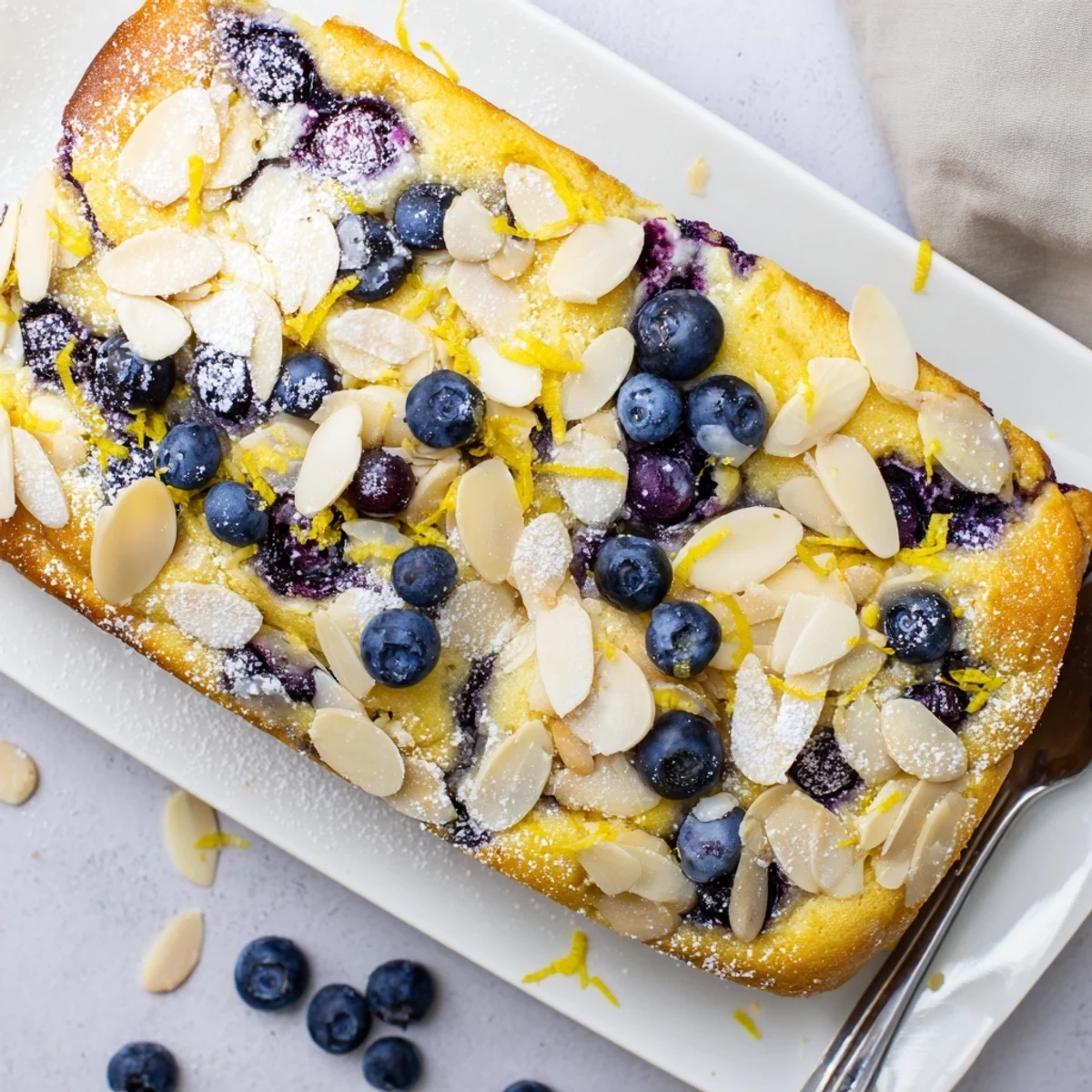 Moist lemon cake studded with blueberries topped with buttery toasted almonds and zest