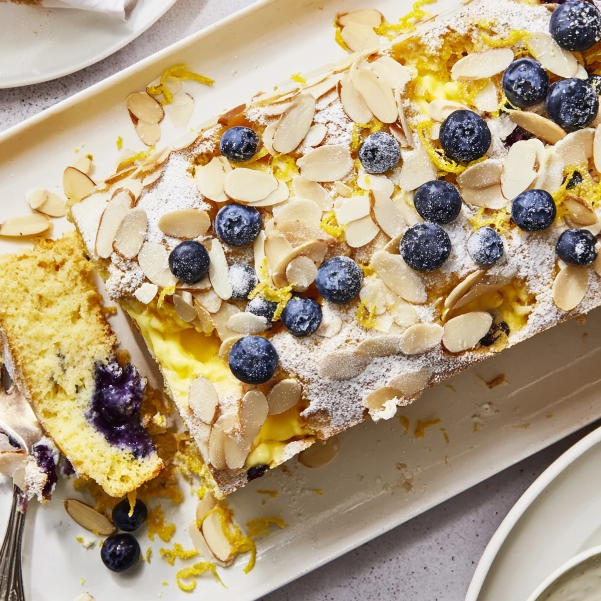 Slice of lemon blueberry poke cake showing pudding-filled layers and crunchy almond topping
