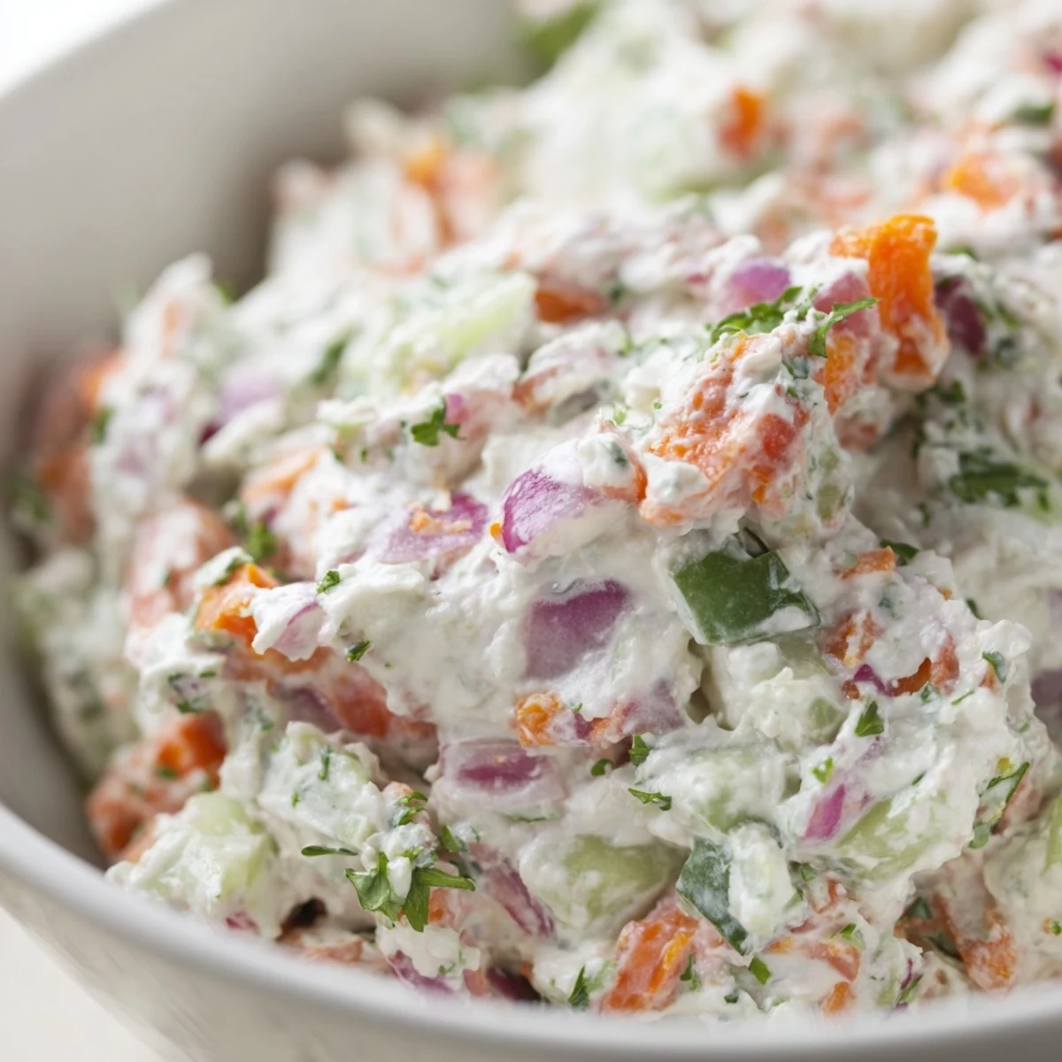 Creamy garden vegetable spread served in a white bowl with colorful diced vegetables and fresh herbs
