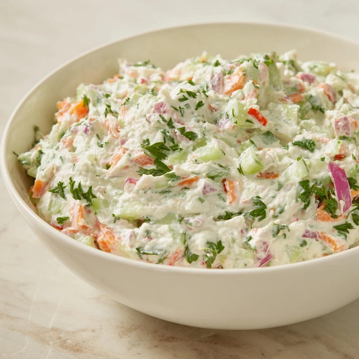 Garden vegetable spread recipe featuring smooth cream cheese base with vibrant bell peppers, cucumber, and crunchy vegetables