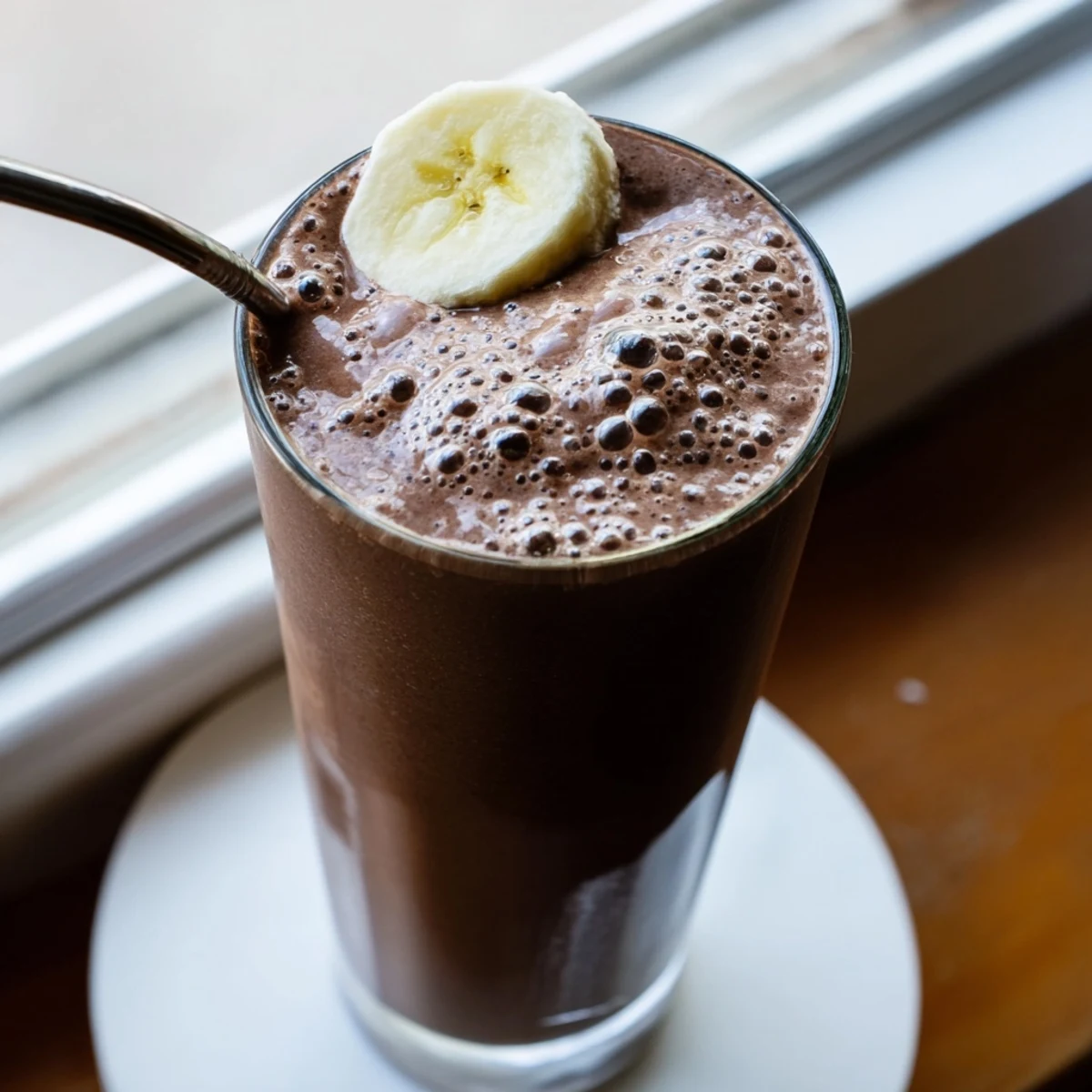 Rich raw chocolate banana shake poured into a glass with a frothy, creamy texture