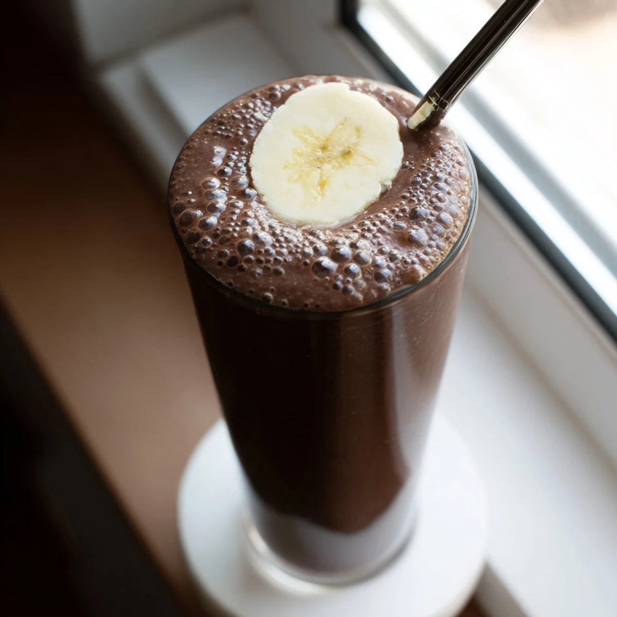 Smooth raw chocolate banana shake blending frozen bananas with raw cacao powder