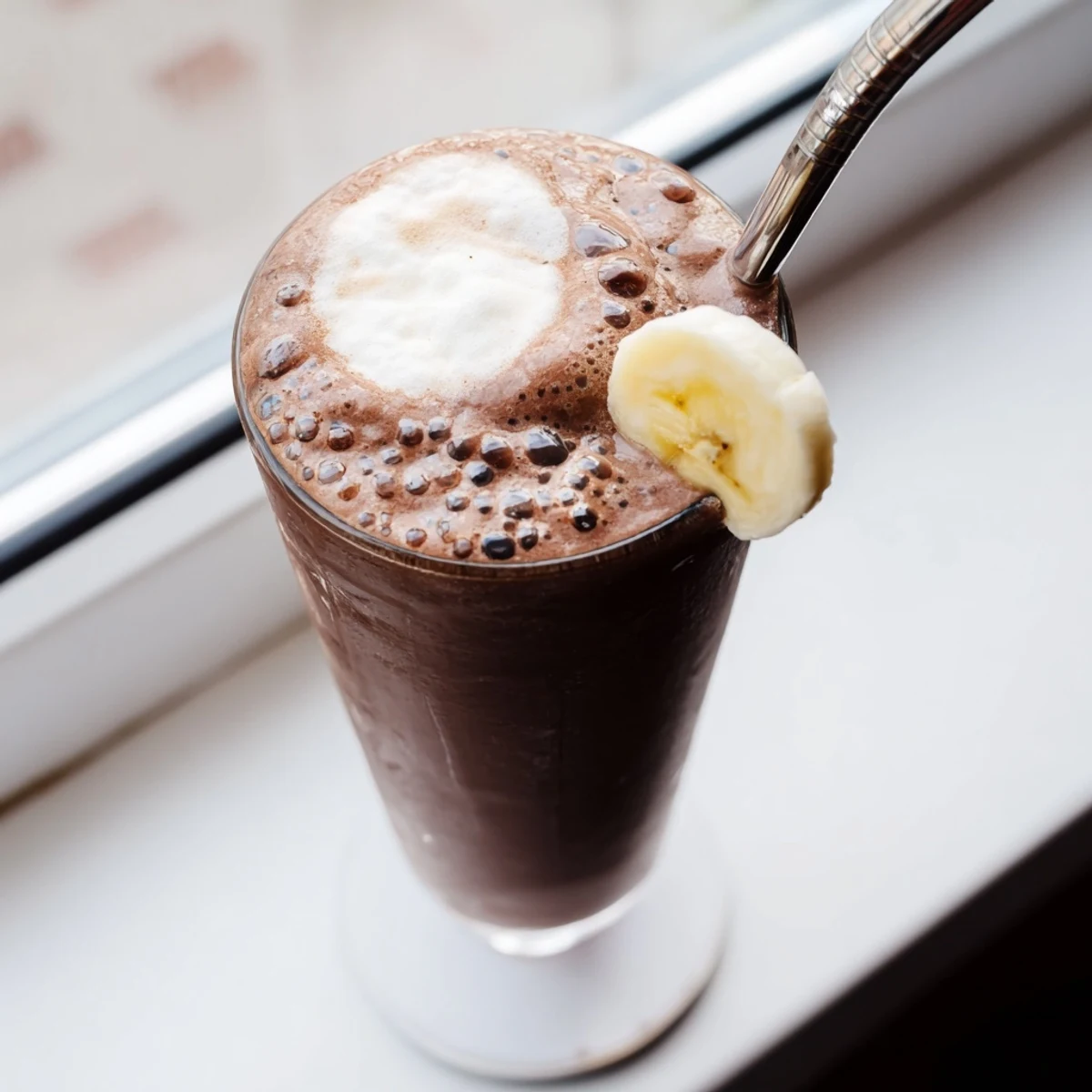 Thick raw chocolate banana shake garnished with fresh banana slices and cacao nibs