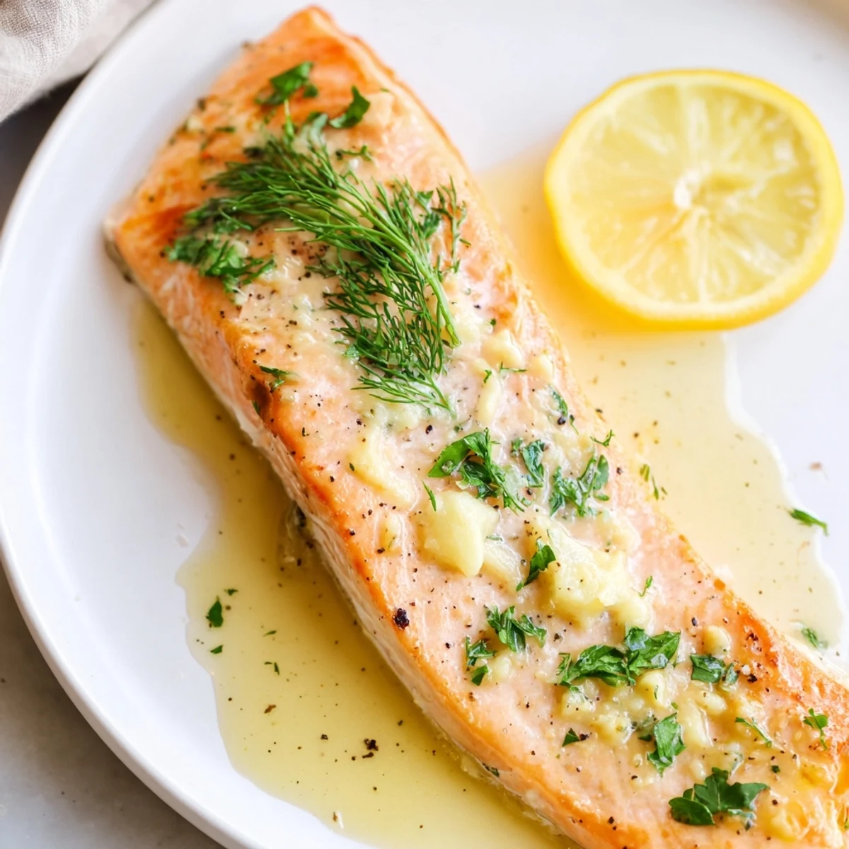 Garlic Butter Ghee Salmon Bake glistening in golden ghee, lemon wedges, parsley