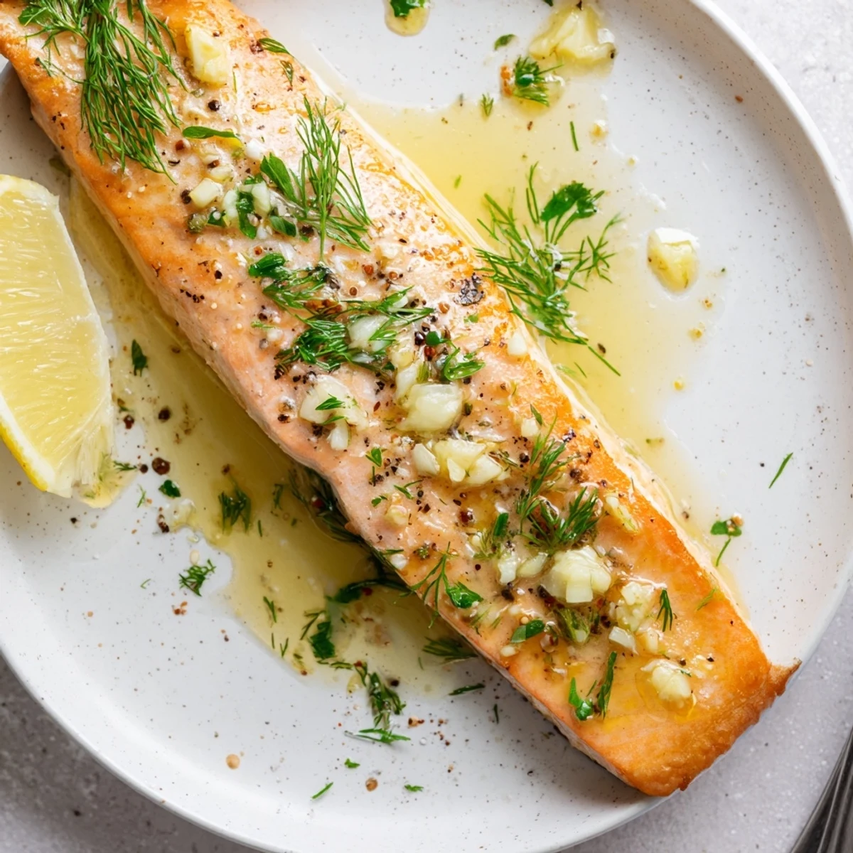Oven roasted Garlic Butter Ghee Salmon Bake, buttery aroma, served with lemon