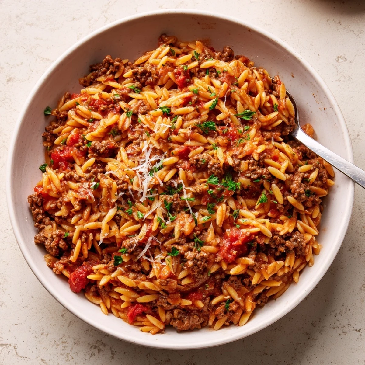 Hearty Ground Beef Orzo Greek Manestra Recipe steaming in a rustic pot