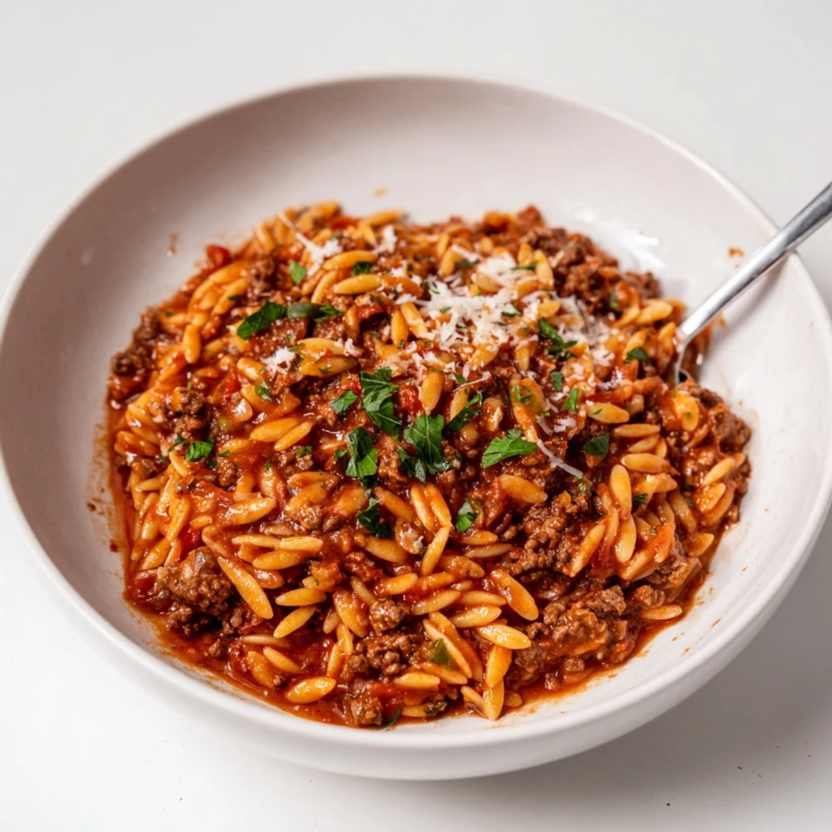 Comforting Ground Beef Orzo Greek Manestra Recipe simmering with tomato aroma, spoon-ready