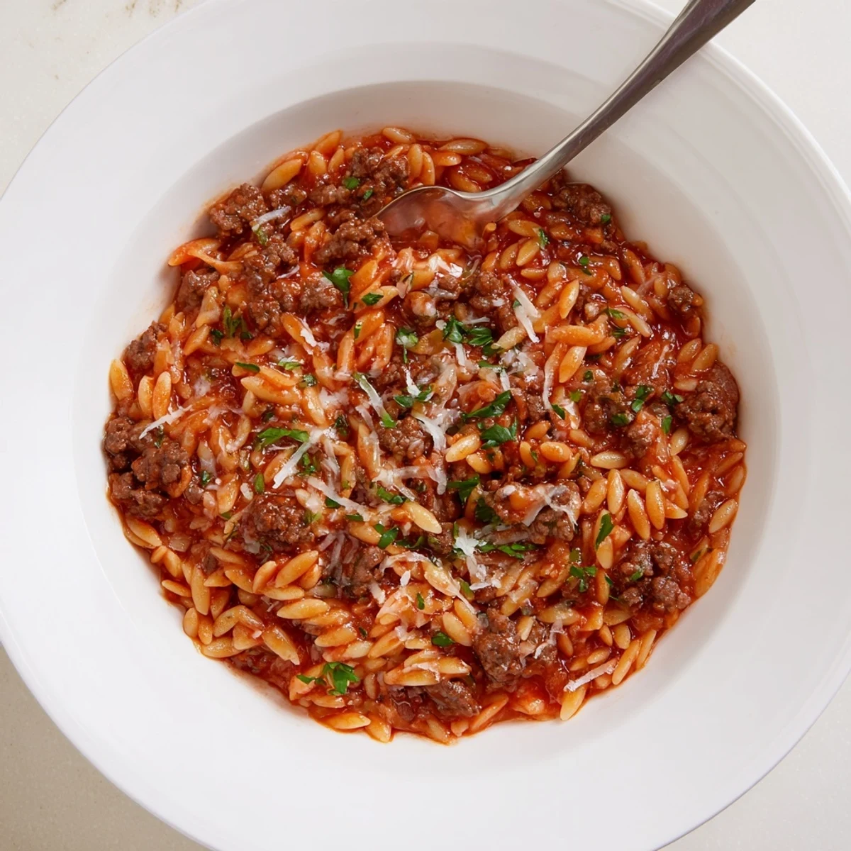 Savory Ground Beef Orzo Greek Manestra Recipe topped with grated cheese and parsley