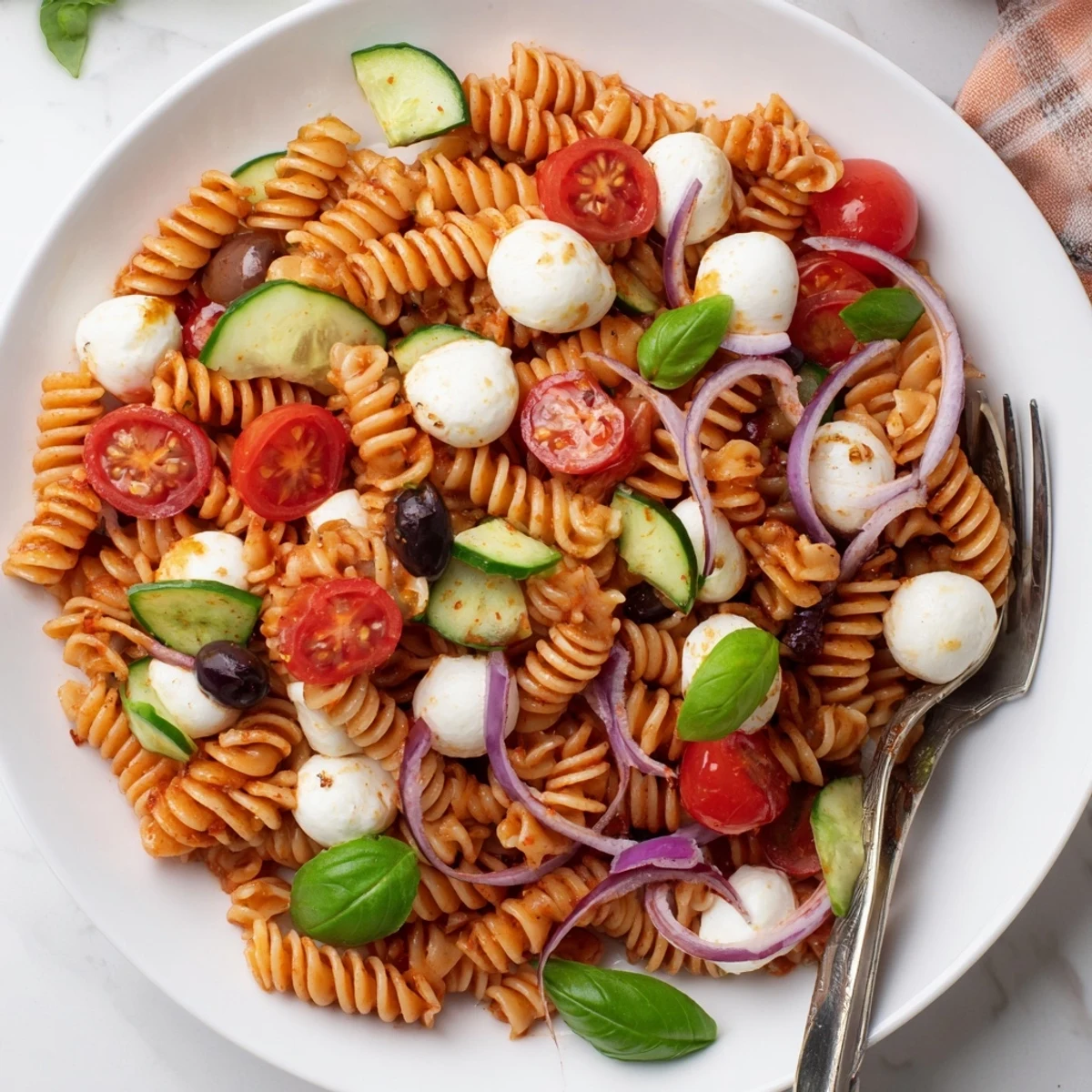 Italian Pasta Salad with glossy cherry tomatoes, basil, and chilled vinaigrette