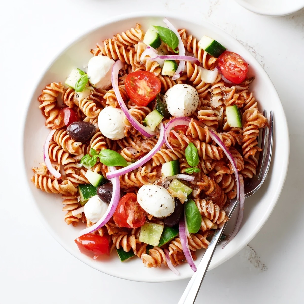 Bright Italian Pasta Salad tossed with mozzarella, cucumbers, and peppery oregano