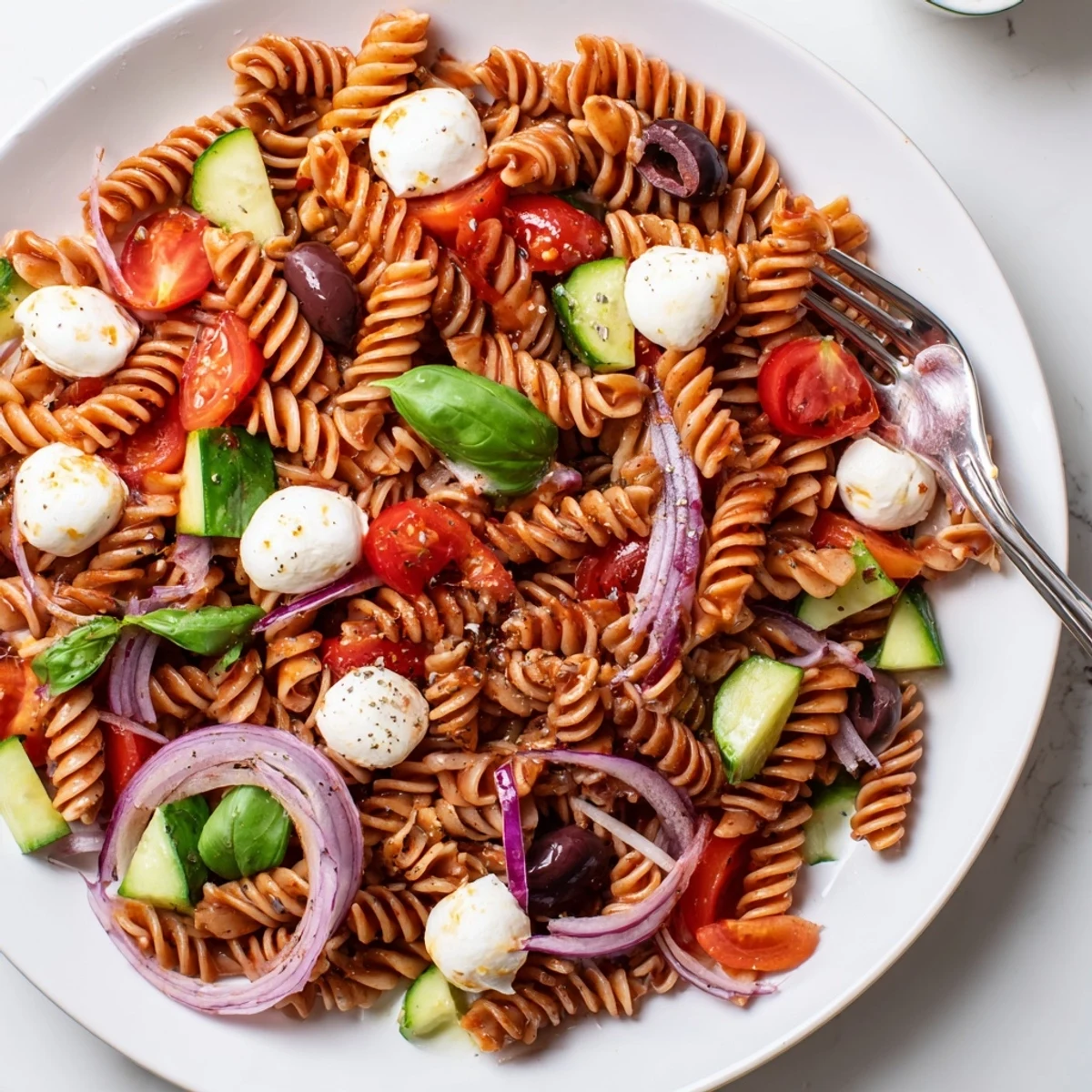 Picnic-ready Italian Pasta Salad piled in bowl with olives, crisp vegetables