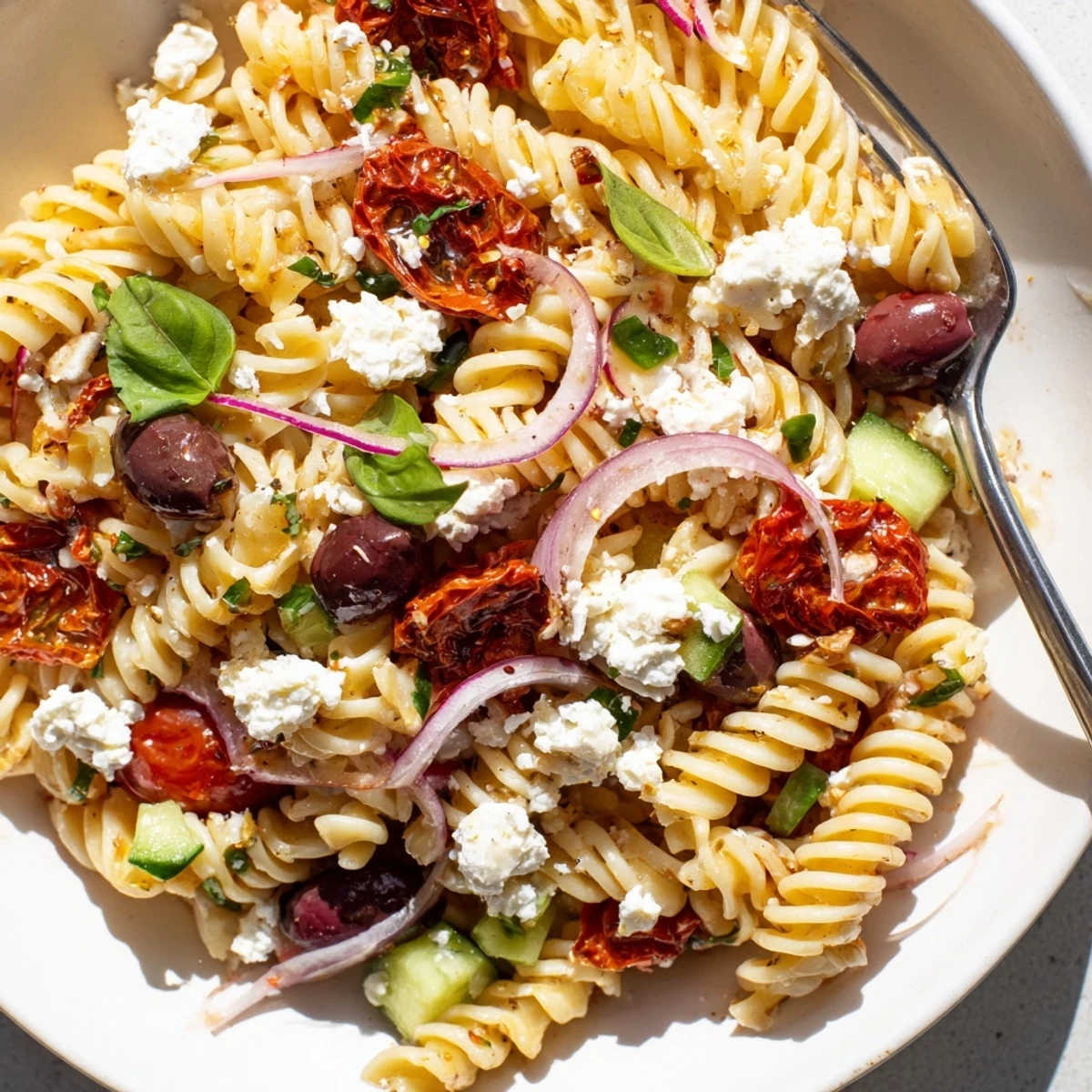 Sun Dried Tomato Pasta Salad in bright bowl with crumbled feta and herbs